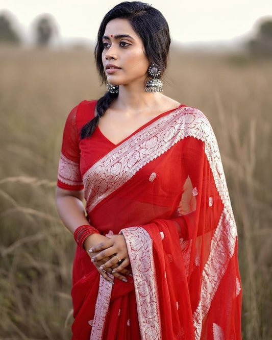 Stunning Red Cotton Silk Saree With Elegant Blouse Piece