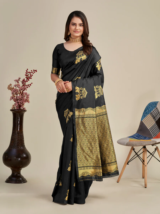 Charming Black Soft Banarasi Silk Saree With Pretty Blouse Piece