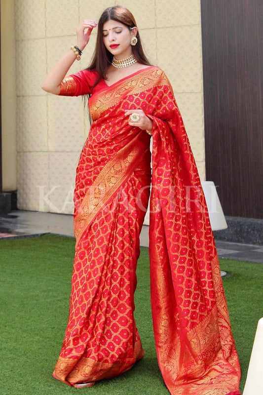 Outstanding Red Soft Banarasi Silk Saree With Angelic Blouse Piece
