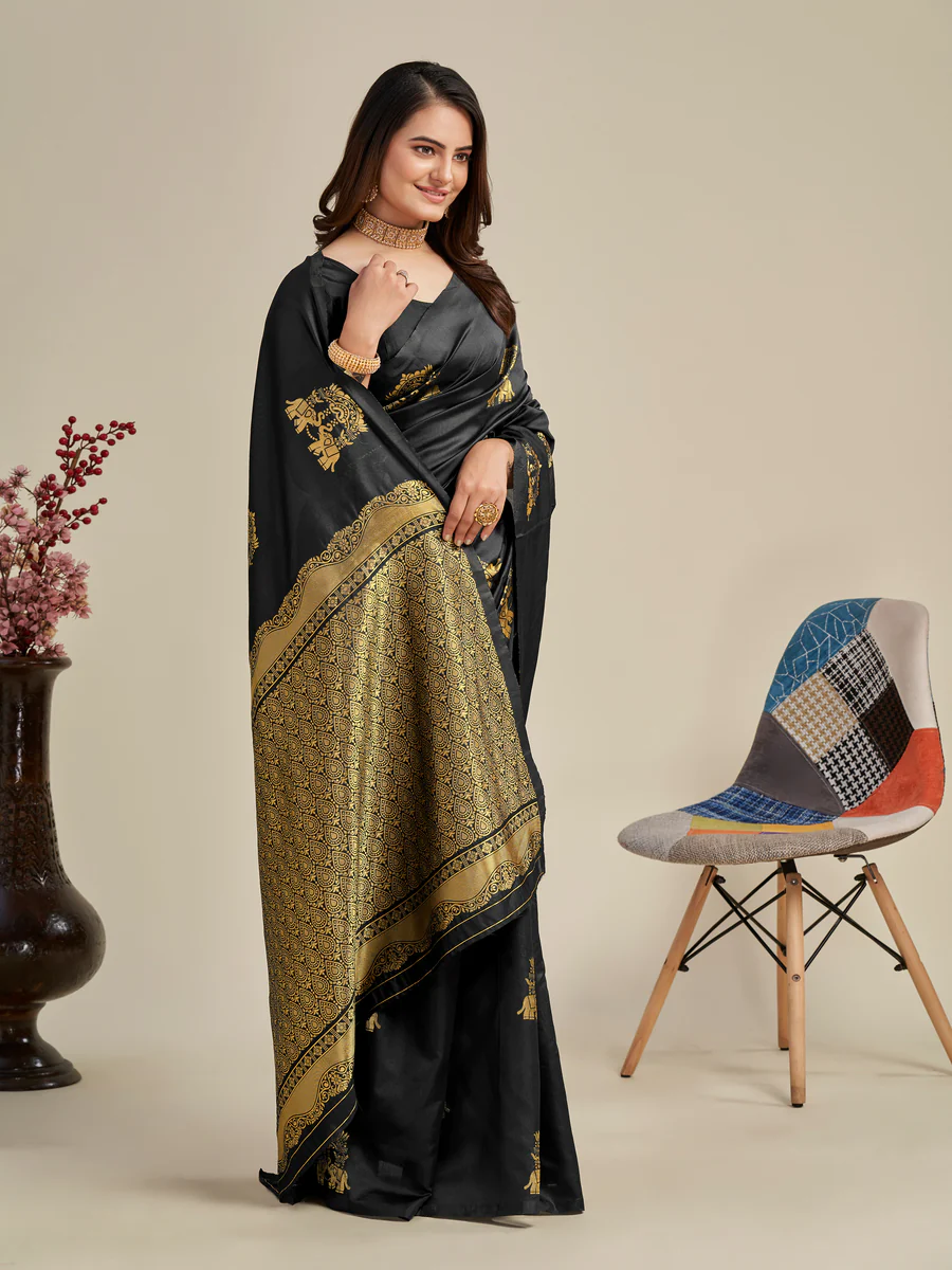 Charming Black Soft Banarasi Silk Saree With Pretty Blouse Piece
