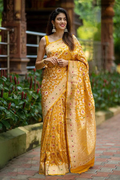 Extraordinary Yellow Soft Silk Saree With Glowing Blouse Piece