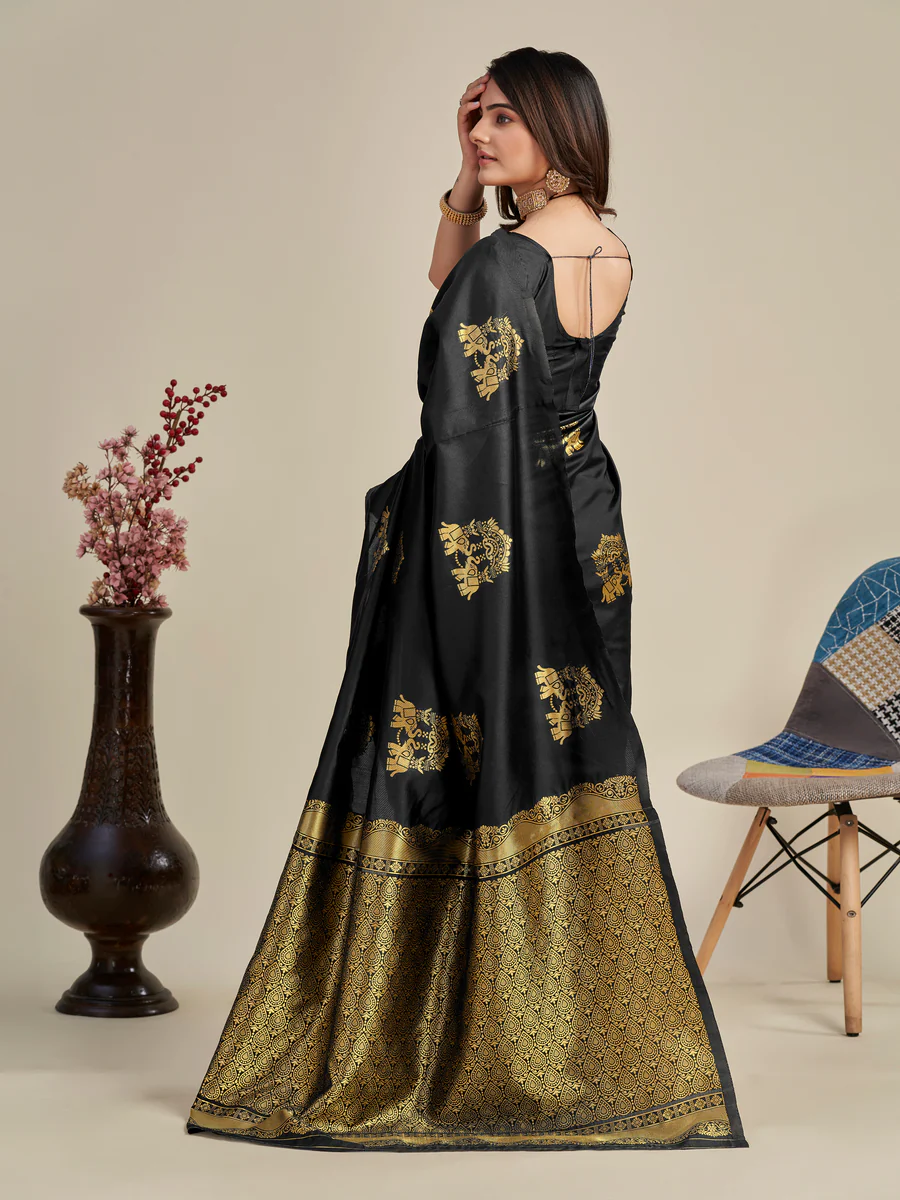 Charming Black Soft Banarasi Silk Saree With Pretty Blouse Piece