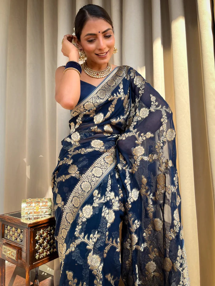 Unique Blue Soft Silk Saree With Wonderful Blouse Piece