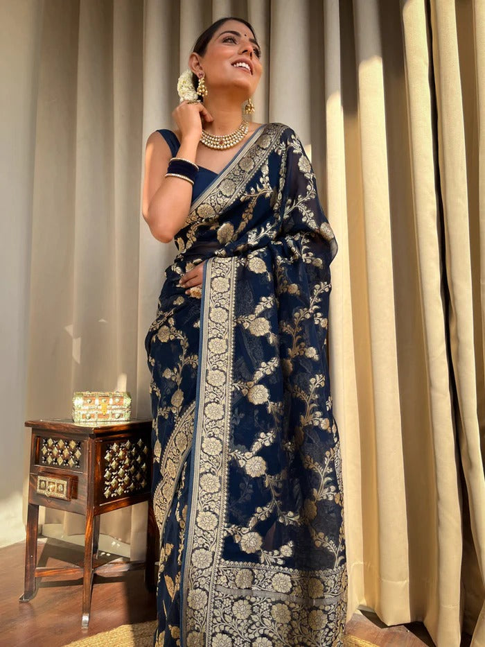 Unique Blue Soft Silk Saree With Wonderful Blouse Piece