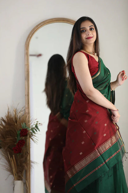 Mesmeric Green Maroon Soft Banarasi Silk Saree With Opulent Blouse Piece