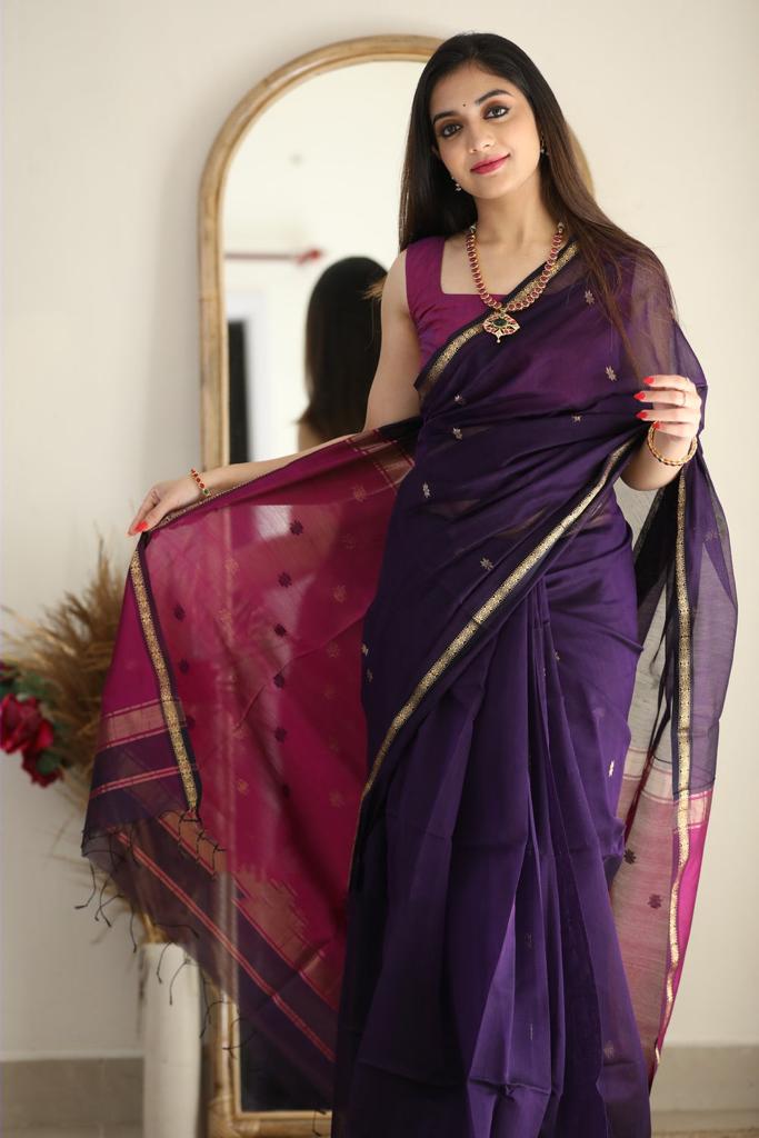 Lassitude Purple Cotton Silk Saree With Extraordinary Blouse Piece