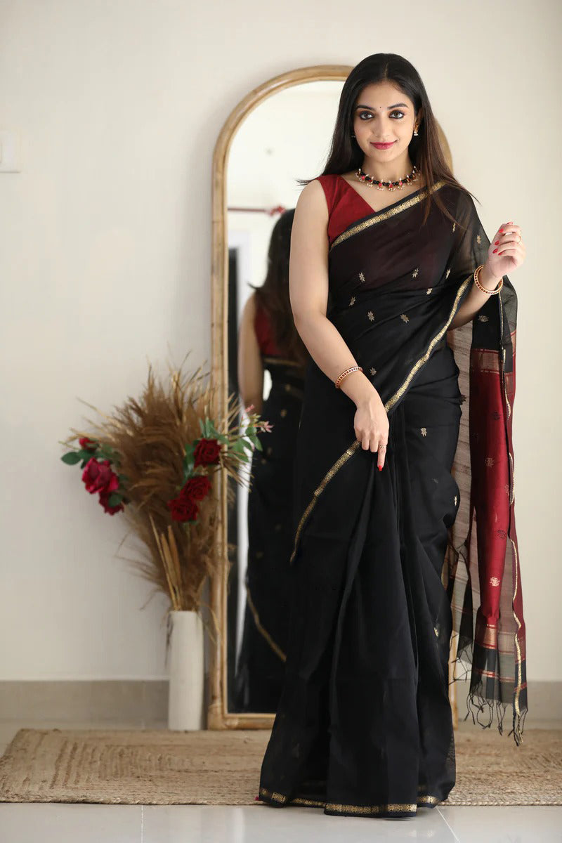 Mesmeric Black Maroon Soft Banarasi Silk Saree With Opulent Blouse Piece