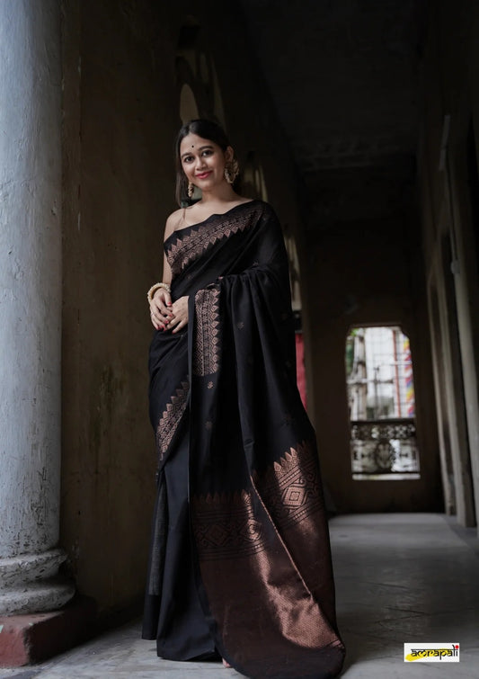 Beauteous Black Soft Silk Saree With Twirling Blouse Piece