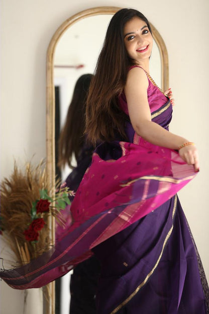Lassitude Purple Cotton Silk Saree With Extraordinary Blouse Piece