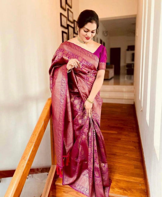 Beautiful Wine Banarasi Satin Silk Saree With Desiring Blouse
