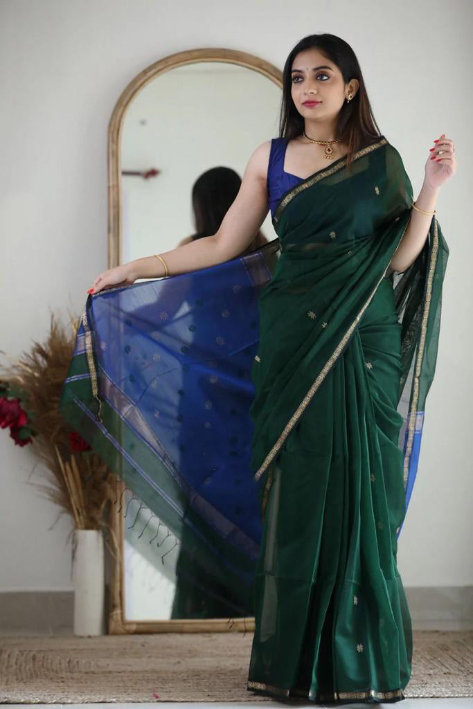 Gorgeous Green Cotton Silk Saree With Sizzling Blouse Piece