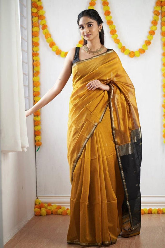 Attractive Yellow Cotton Silk Saree With Extraordinary Blouse Piece