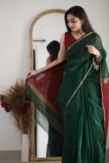 Mesmeric Green Maroon Soft Banarasi Silk Saree With Opulent Blouse Piece
