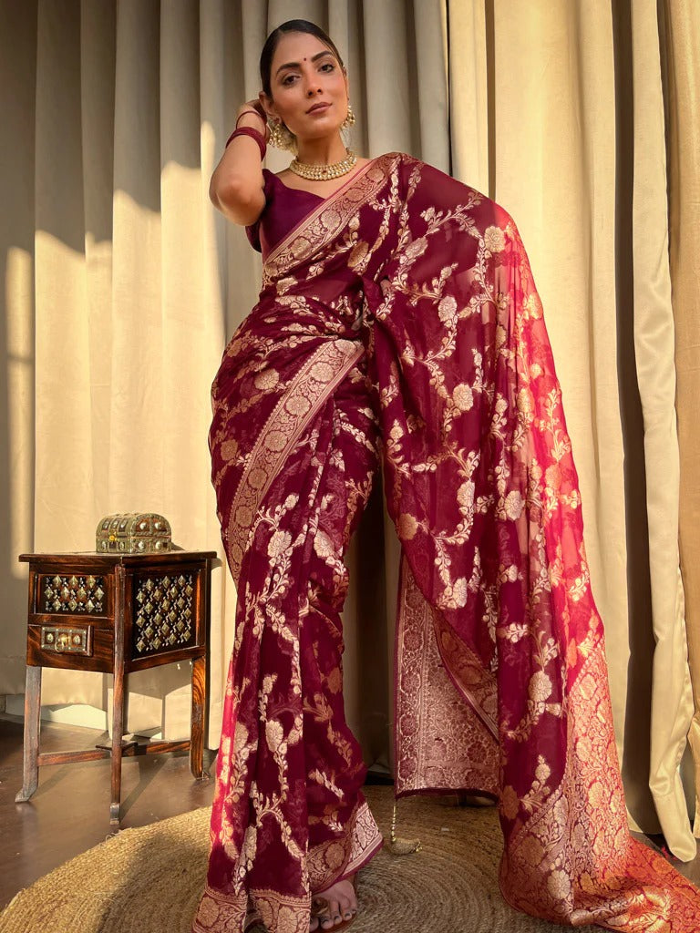 Unique Maroon Soft Silk Saree With Wonderful Blouse Piece