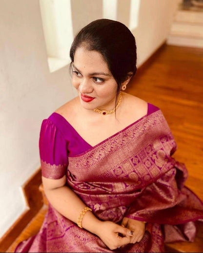 Beautiful Wine Banarasi Satin Silk Saree With Desiring Blouse