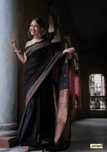 Beauteous Black Soft Silk Saree With Twirling Blouse Piece