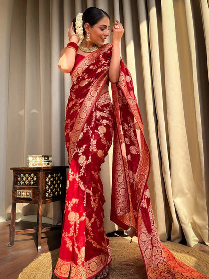 Unique Red Soft Silk Saree With Wonderful Blouse Piece