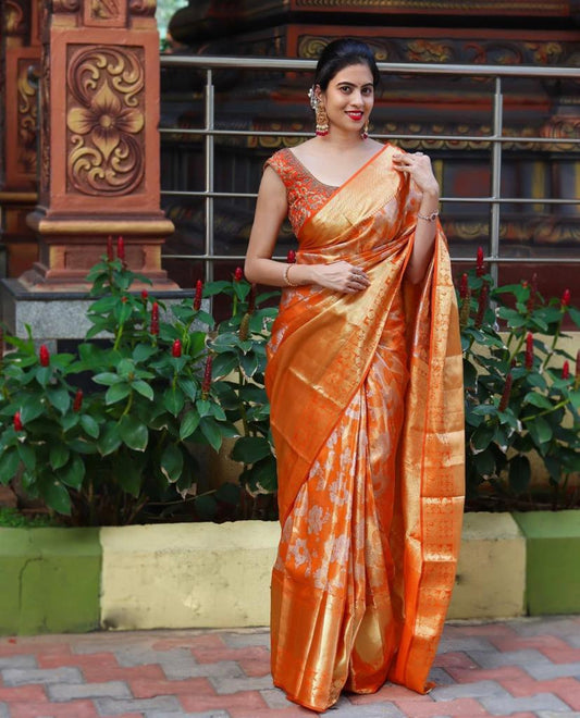 Felicitous Orange Soft Banarasi Silk Saree With Enchanting Blouse Piece