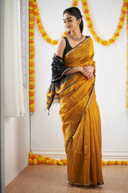 Attractive Yellow Cotton Silk Saree With Extraordinary Blouse Piece