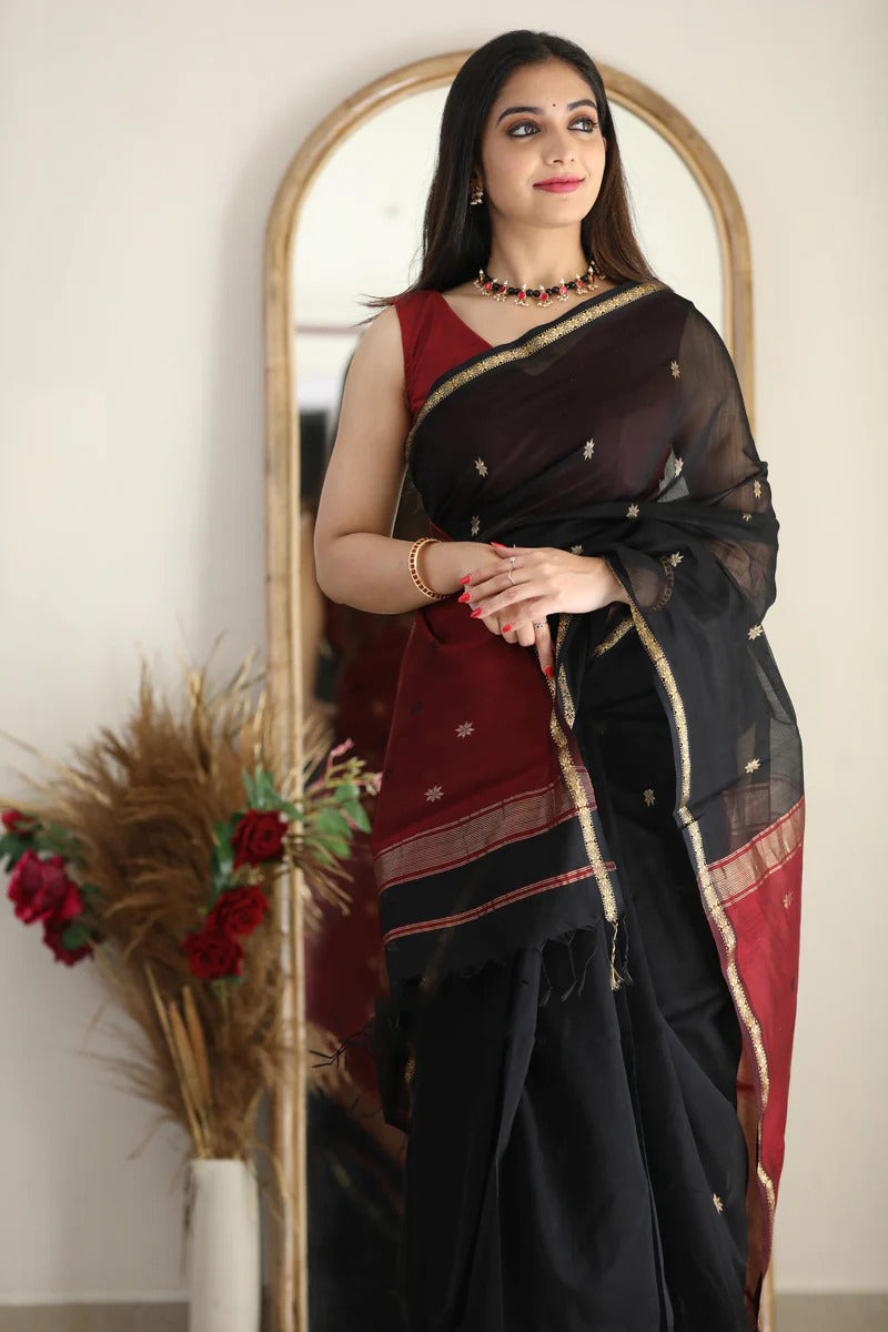 Mesmeric Black Maroon Soft Banarasi Silk Saree With Opulent Blouse Piece