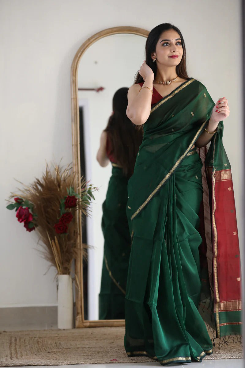 Mesmeric Green Maroon Soft Banarasi Silk Saree With Opulent Blouse Piece