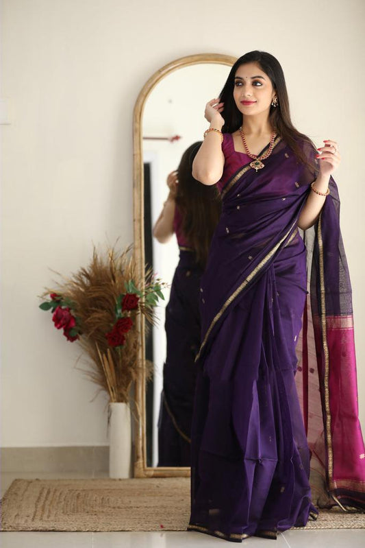 Lassitude Purple Cotton Silk Saree With Extraordinary Blouse Piece