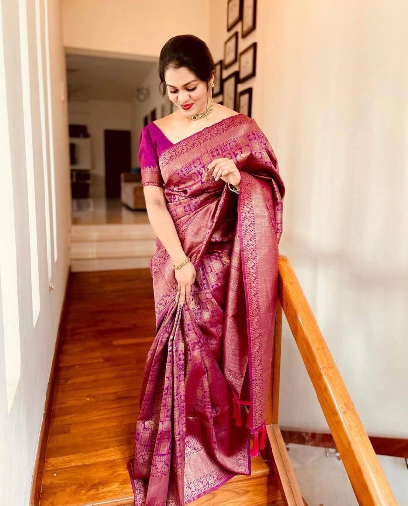 Beautiful Wine Banarasi Satin Silk Saree With Desiring Blouse