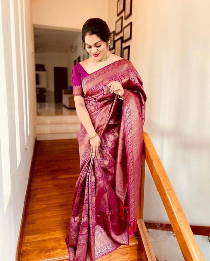 Beautiful Wine Banarasi Satin Silk Saree With Desiring Blouse