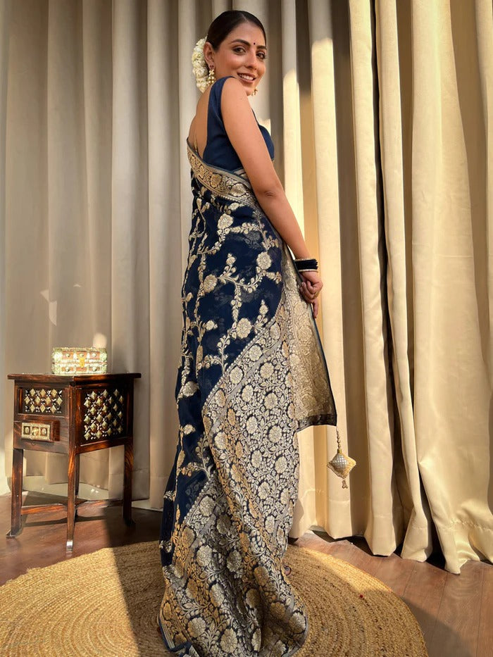 Unique Blue Soft Silk Saree With Wonderful Blouse Piece