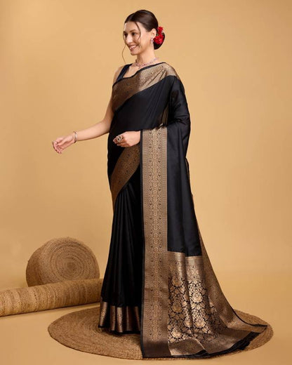 Charming Black Soft Banarasi Silk Saree With Pretty Blouse Piece