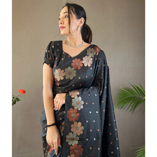 Eloquence Black Kanjivaram Silk With Glittering Blouse Piece