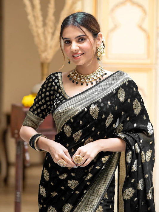Stylish Black Soft Silk Saree With Unique Blouse Piece