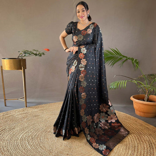 Eloquence Black Kanjivaram Silk With Glittering Blouse Piece