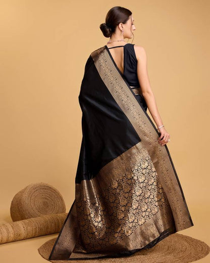 Charming Black Soft Banarasi Silk Saree With Pretty Blouse Piece