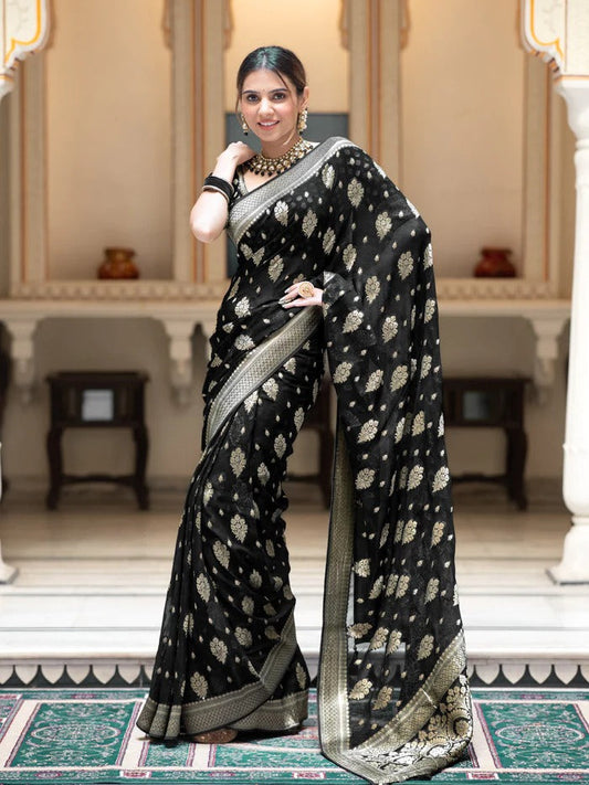 Stylish Black Soft Silk Saree With Unique Blouse Piece