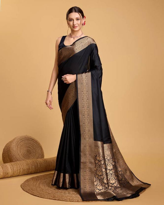 Charming Black Soft Banarasi Silk Saree With Pretty Blouse Piece