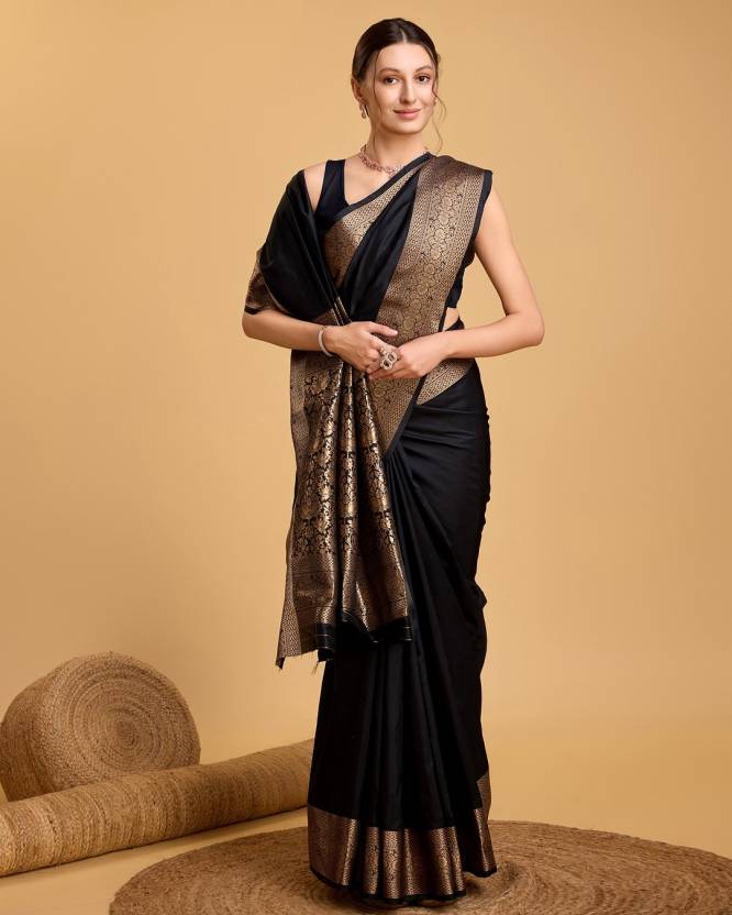 Charming Black Soft Banarasi Silk Saree With Pretty Blouse Piece