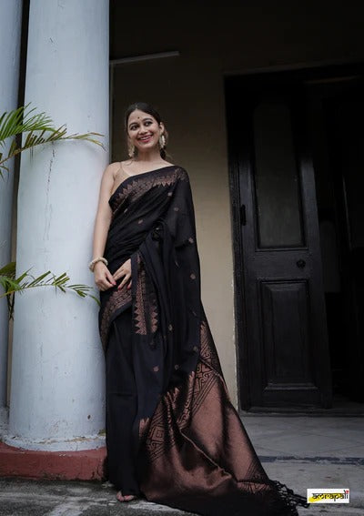 Lovely Black Soft Banarasi Silk Saree With Precious Blouse Piece