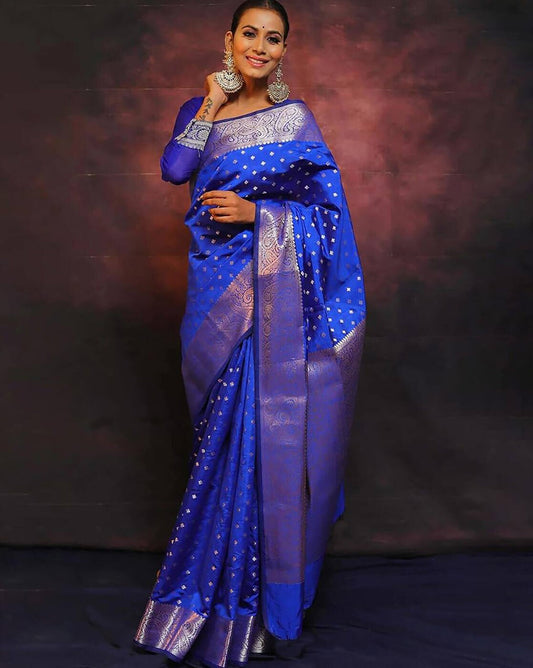 Staggering Dark Blue Soft Banarasi Silk Saree With Imaginative Blouse Piece