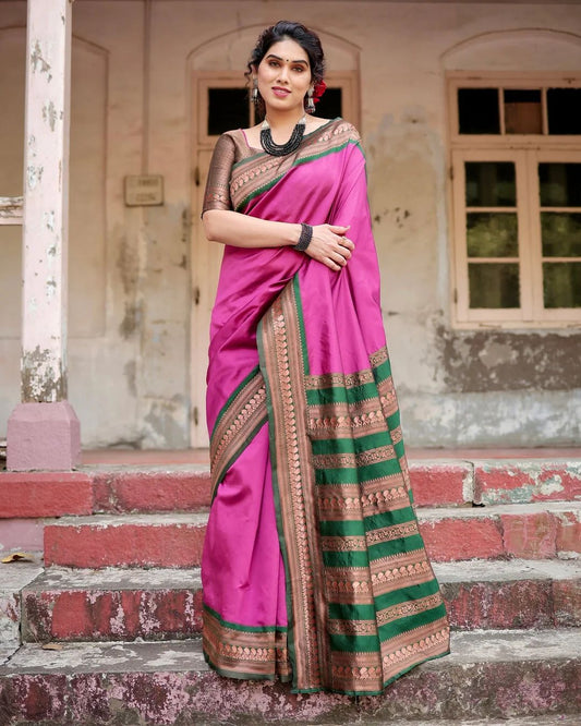 Prettiest Green And Pink Pure Viscose Chiffon Silk Saree With Twirling