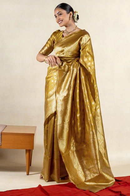 Splendorous Yellow Soft Banarasi Silk Saree With Luxuriant Blouse Piece