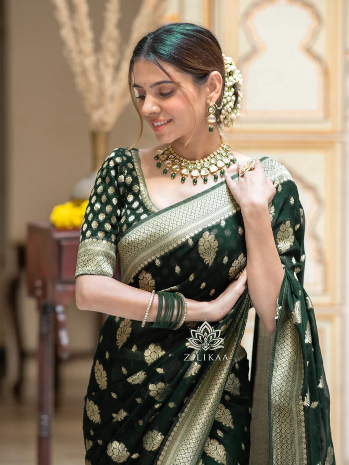 Stylish Green Soft Silk Saree With Unique Blouse Piece