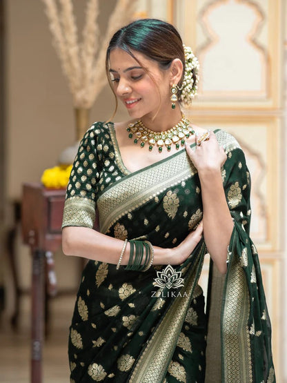 Stylish Green Soft Silk Saree With Unique Blouse Piece