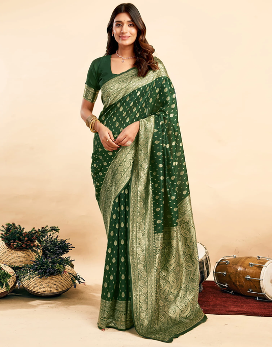 Incredible Dark Green Kanjivaram Silk With Demure Blouse Piece