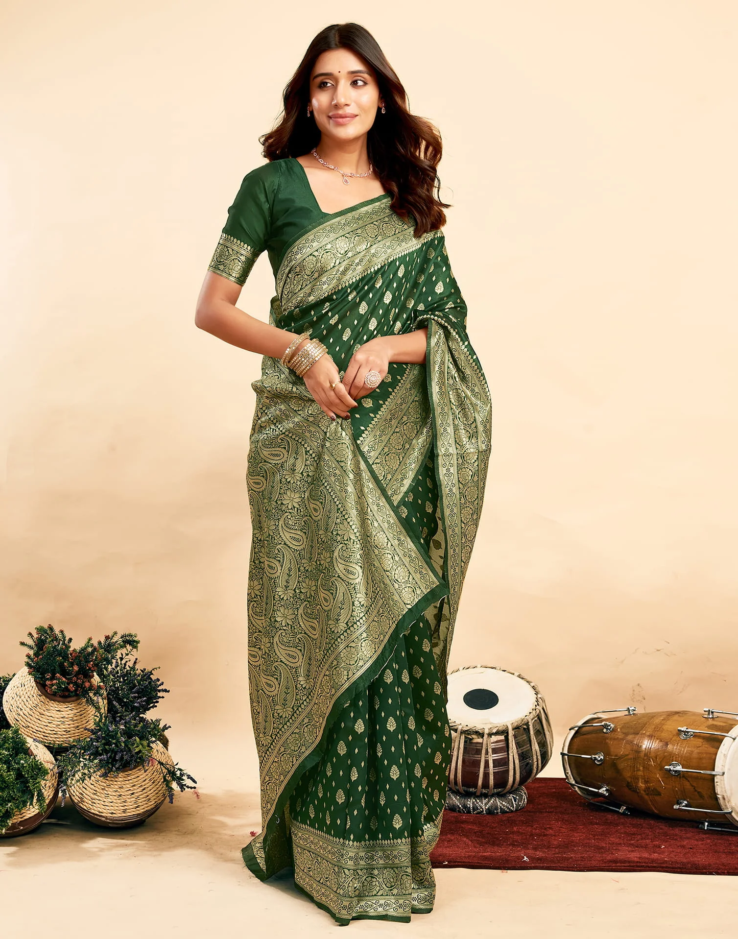 Incredible Dark Green Kanjivaram Silk With Demure Blouse Piece