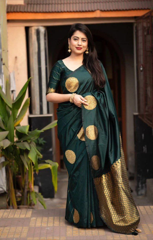 Blooming Dark Green Soft Banarasi Silk Saree With Intricate Blouse Piece