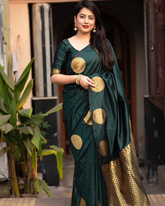 Quintessential Dark Green Soft Banarasi Silk Saree With Lissome Blouse Piece
