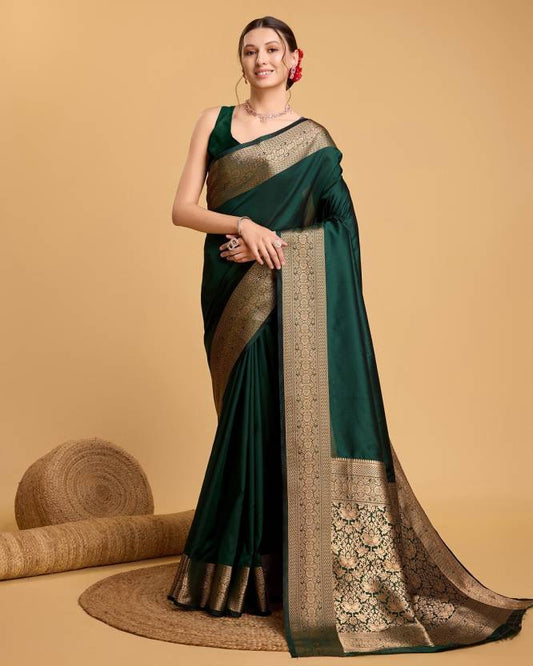 Charming Dark Green Soft Banarasi Silk Saree With Pretty Blouse Piece