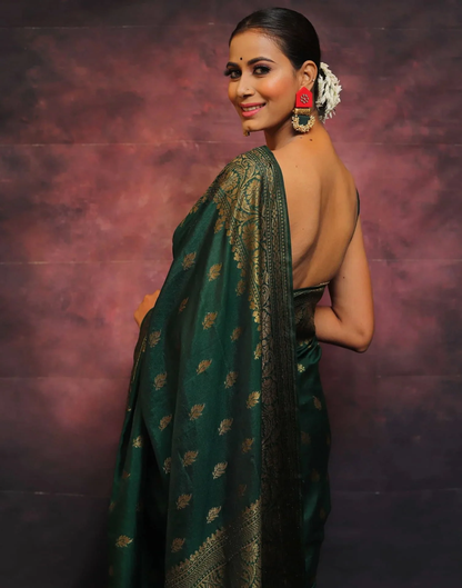 Quintessential Dark Green Soft Banarasi Silk Saree With Lissome Blouse Piece