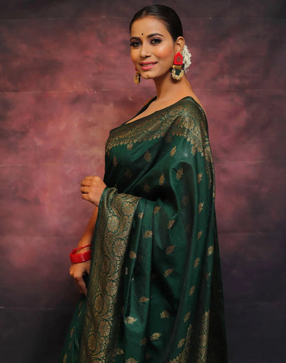 Quintessential Dark Green Soft Banarasi Silk Saree With Lissome Blouse Piece
